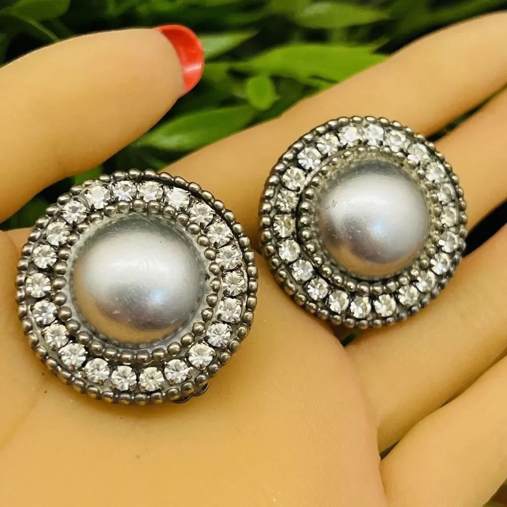 Chunky Faux Pearl Rhinestone Earrings 80s 90s Runway Silver Tone Y2k 1155